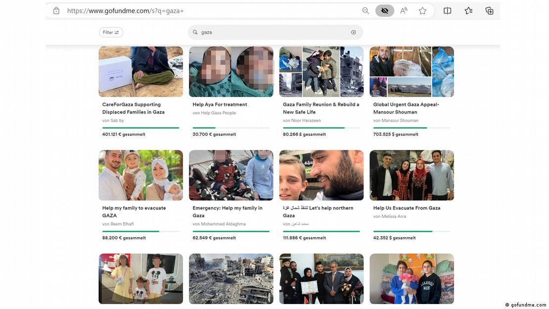 لقطة شاشة لموقع جمع التبرعات Gofundme وتظهر فيها إعلانات لجمع الأموال لعائلات في قطاع غزة. Screenshot von Gofundme mit reihenweise Anzeigen, in denen Geld für Familien im Gazastreifen gesammelt wird. Bild: gofundme.com