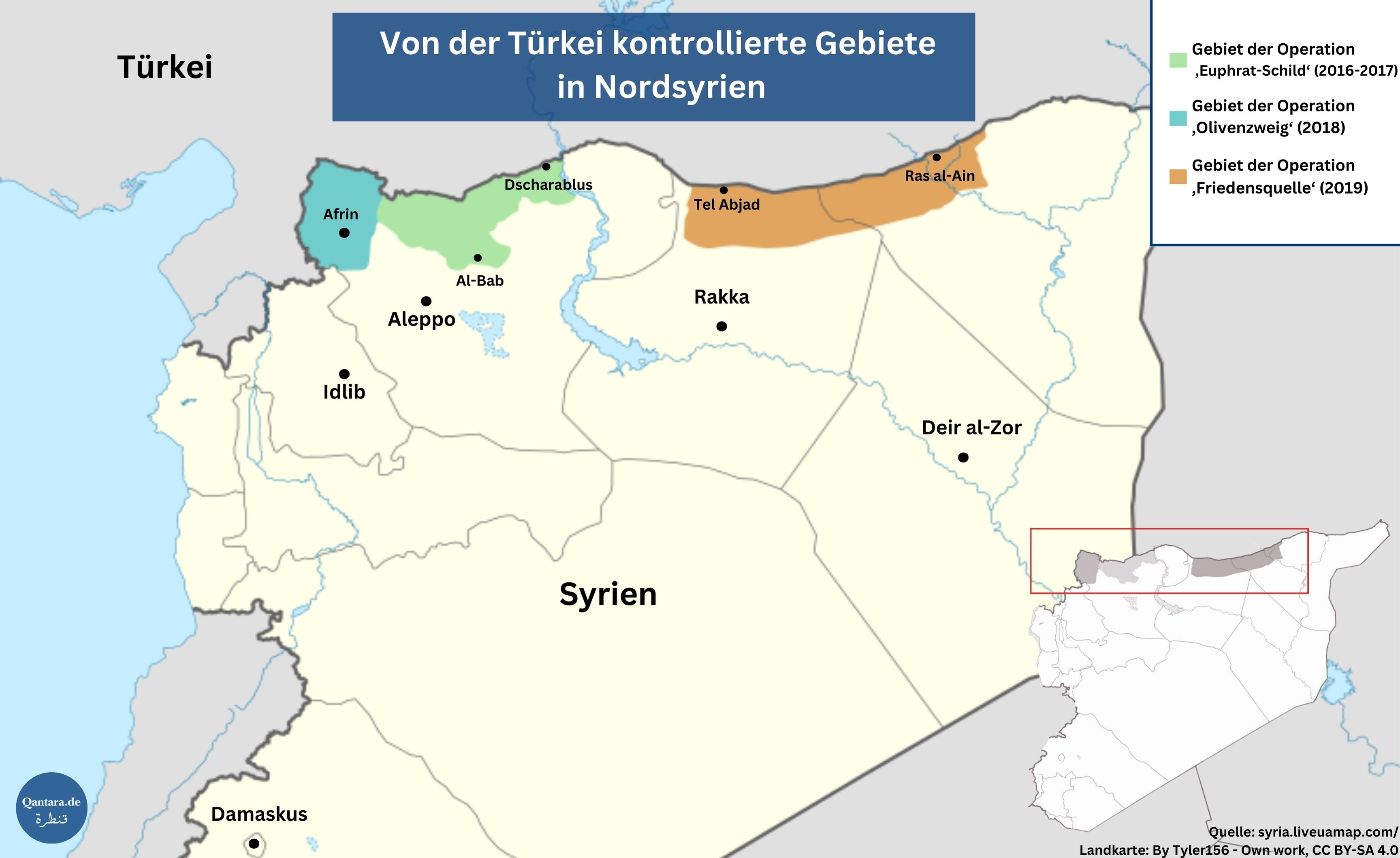 Eine Karte des nördlichen Syriens mit markierten Gebieten, die von der Türkei kontrolliert werden. Quelle: syria.liveuamap.com