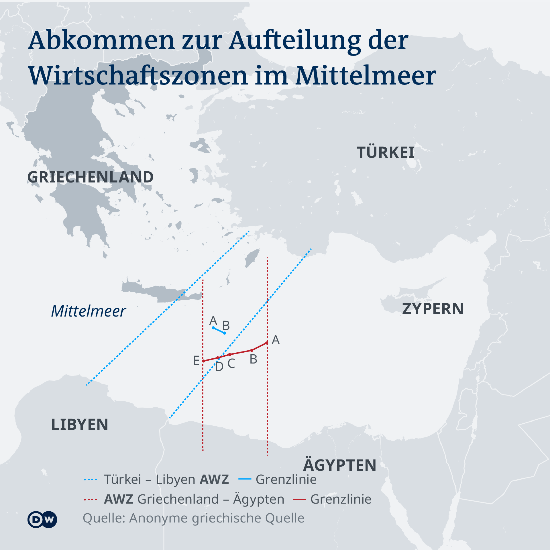 Aufteilung der Wirtschaftszonen im Mittelmeer. (Foto: DW)