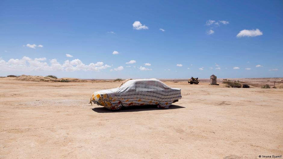 A car belonging to a guard of Sebkha Tah, a flat-bottomed geological depression, is parked at Sebkha Tah (photo: Imane Djamil)