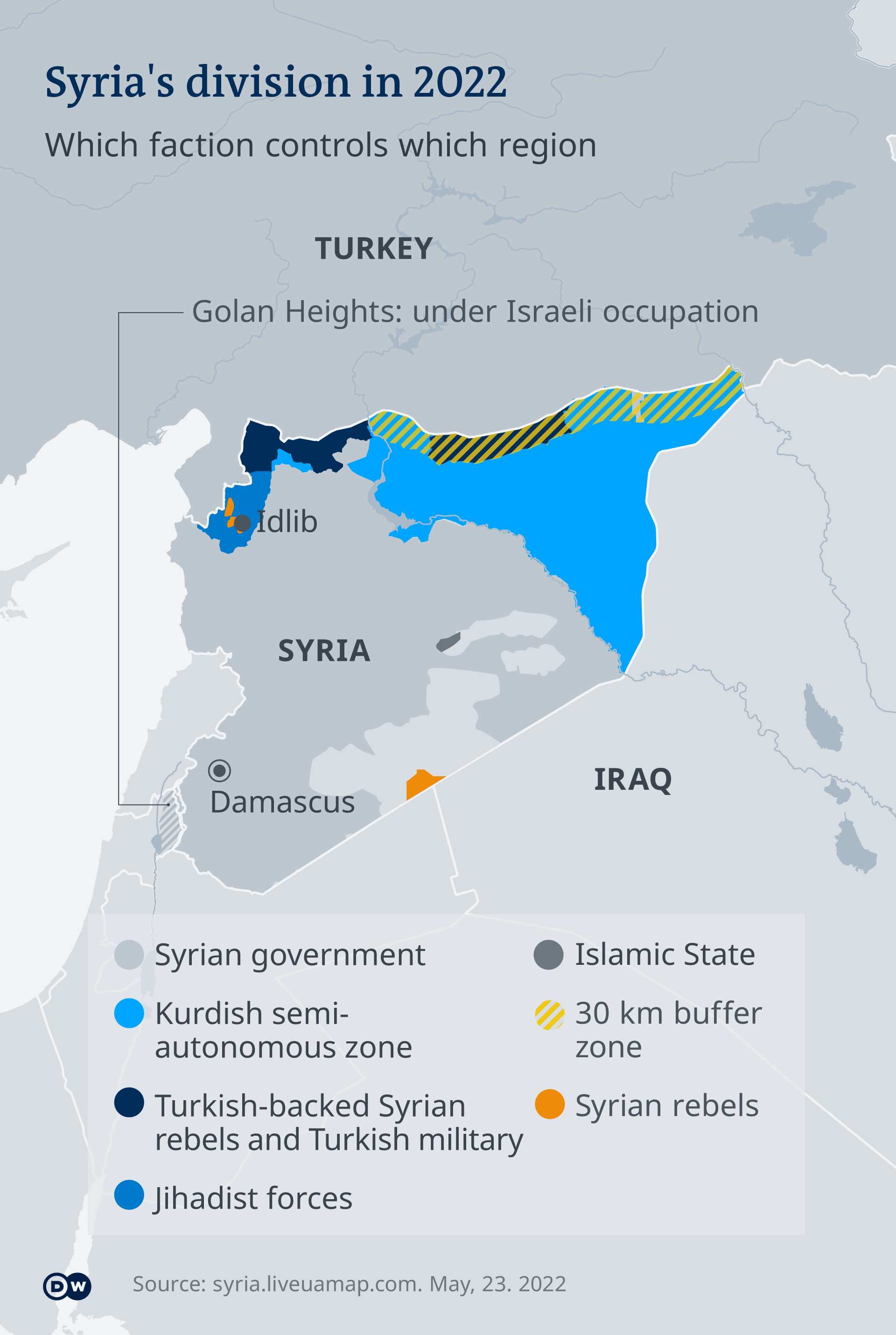 The division of Syria as of 23.05.2022 (source: Janes Conflict Monitor/DW)