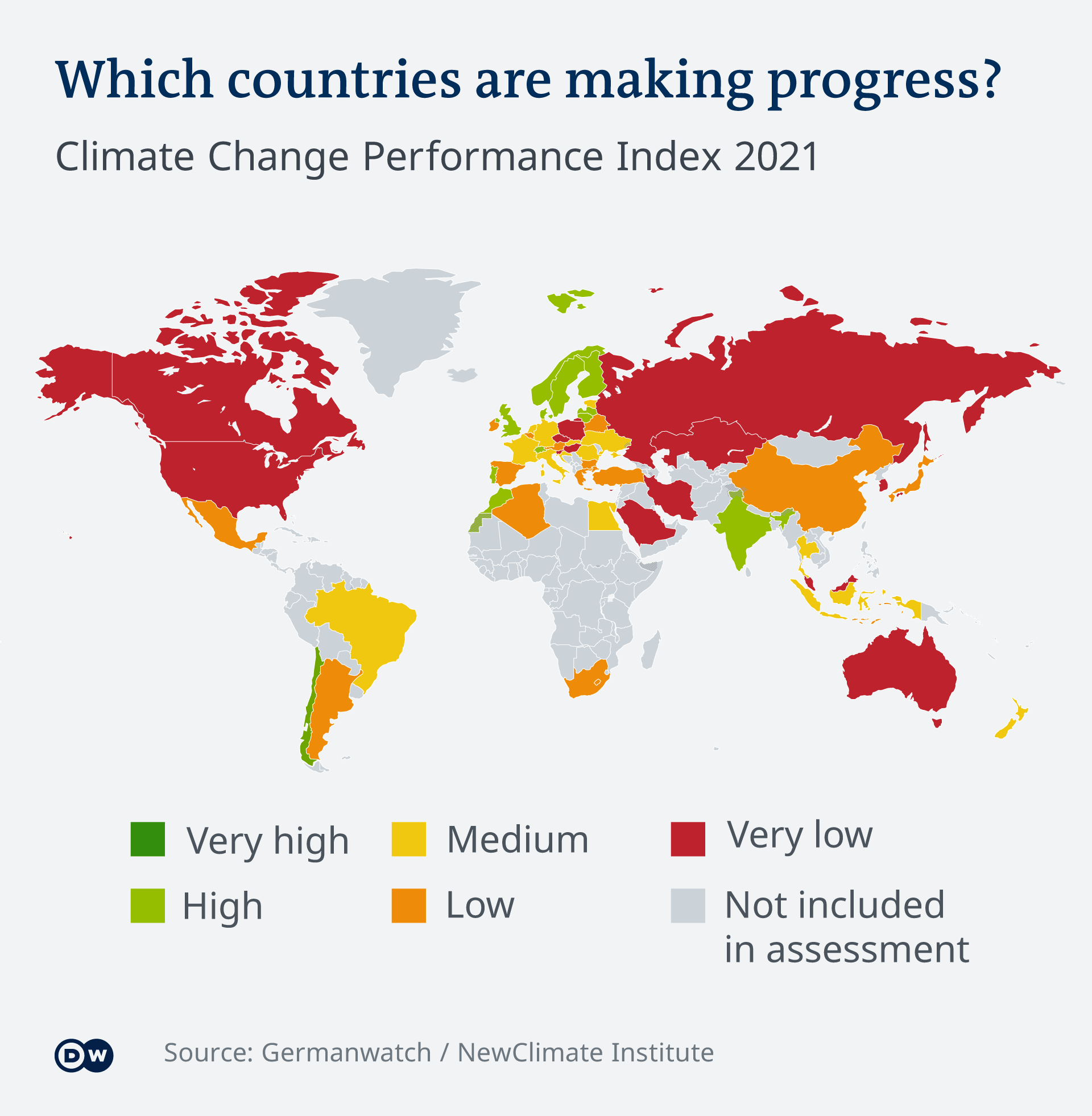 Weltkarte mit Index der internationalen Anstrengungen gegen den Klimawandel (Quelle: DW)