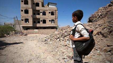 12-year-old Ahmed Al-Yousofi is among 1150 children using in an unfinished house near the frontlines in Taiz as a school.
