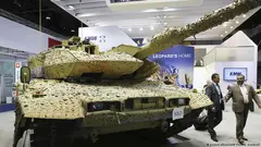 German Leopard tanks on display at a weapons trade fair in Abu Dhabi in 2017.