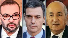  صورة مركبة - رئيس الجزائر عبد المجيد تبون ورئيس الحكومة الإسبانية بيدرو سانشيز وملك المغرب محمد السادس بن الحسن.